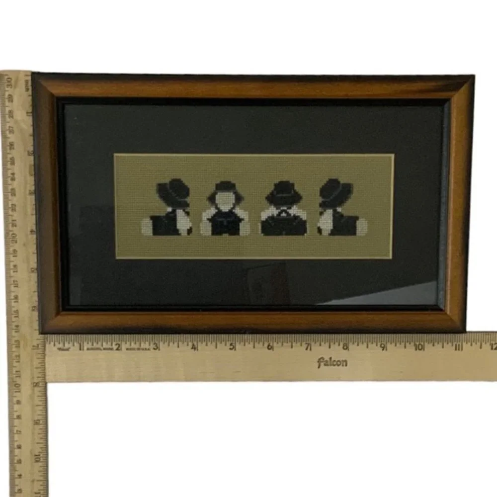 Amish Wall Decor Vintage Needlepoint Traditional Dressed Farmhouse Black White